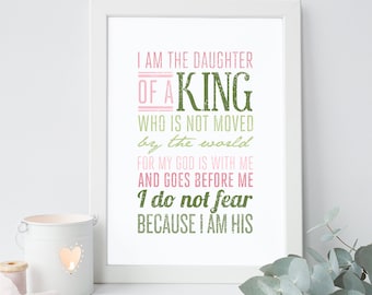 INSTANT DOWNLOAD - Daughter of a King - Christian Wall Quote - Religious Art and Typography - Girls Room Printable