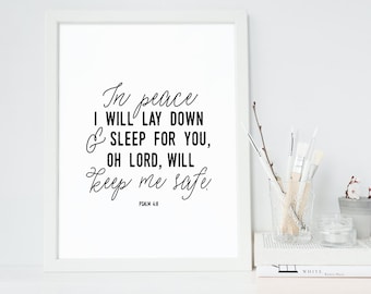 INSTANT DOWNLOAD - Psalm 4:8 - Bible Verse Wall Art - Scripture Print - DIY Printable - Christian Print