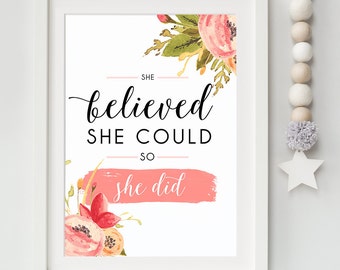 INSTANT DOWNLOAD - Quote Print - Printable Girls Room Art - She Believed She Could - Inspirational Wall Quote - Typographic Print