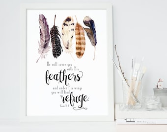 INSTANT DOWNLOAD - Psalm 91:4 - Scripture Digital File - Bible Verse Art - Printable Bible Verse - Scripture Typography, Feather Printable