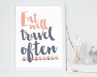 Printable Eat Well Travel Often, Typographic Print, Inspirational Wall Quote, Travel Art, DIY Print, Printable Wall Quote, Wall Art