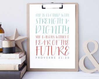 DESCARGA INSTANTE - Proverbios 31:25 - Verso bíblico Arte de la pared - Impresión de la Escritura - DIY imprimible - Vestido con fuerza y dignidad