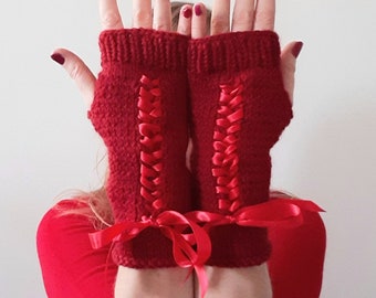 Dark red fingerless gloves with satin ribbon lace-up design, 100% wool