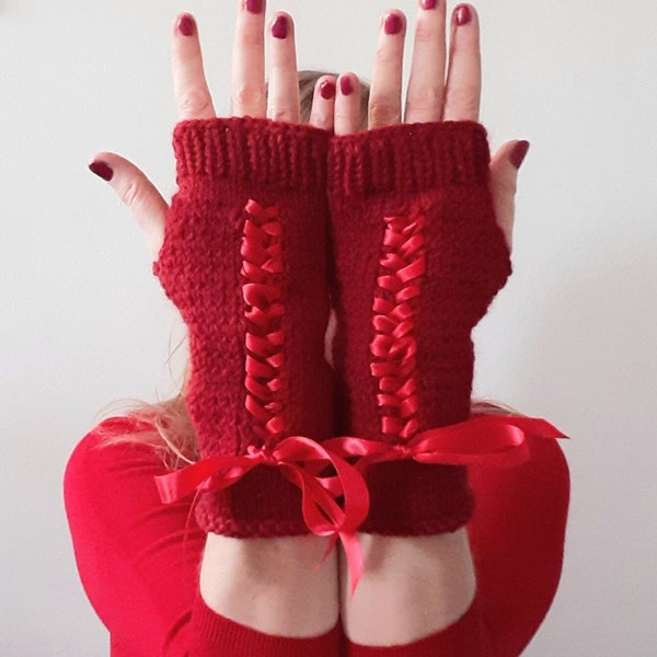 Dark red fingerless gloves with satin ribbon lace-up design, 100% wool