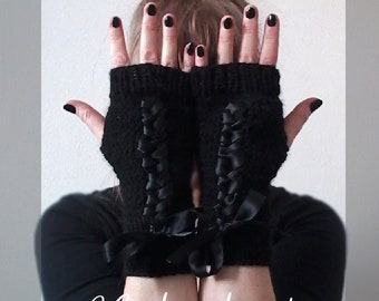 Soft black fingerless gloves/arm warmers, lace-up design, gothic, steampunk 100% wool