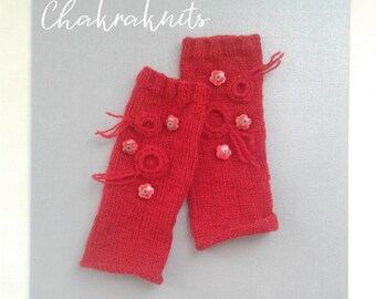 fingerless gloves/ arm warmers in bright red, with ceramic beads, 100% wool