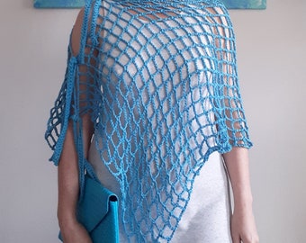 Turquoise blue summer spring crocheted poncho 100% cotton