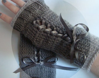 fingerless lace-up gloves in silver gray steampunk 100% wool
