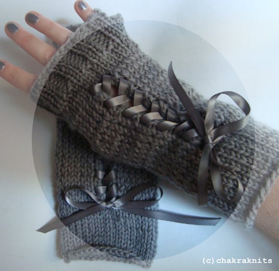 fingerless lace-up gloves in silver gray steampunk 100% wool