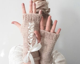 Guantes sin dedos beige calentadores de brazos 100% lana diseño con cordones