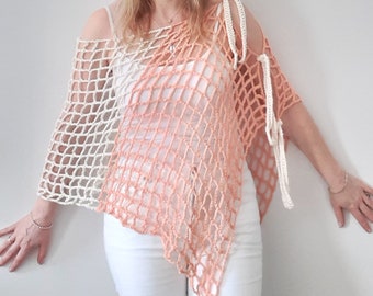 spring summer light crochet poncho, 100% cotton, ivory/peach