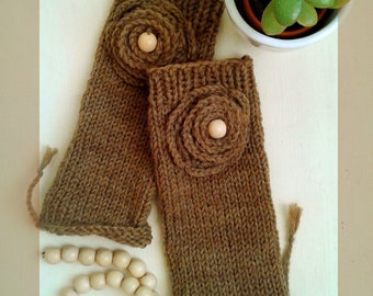Soft natural fingerless gloves/arm warmers in dark oatmeal 100% wool