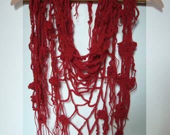 Crimson red crocheted fishnet scarf/ shawl