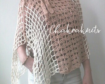 Spring/summer light ivory beige crocheted poncho, 100% cotton