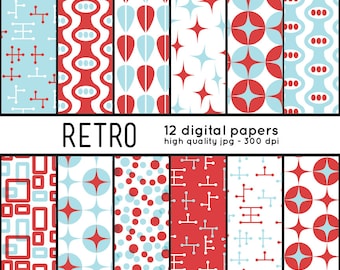 Conjunto de papeles digitales geométricos retro, diseños modernos de mediados de siglo (descarga digital)