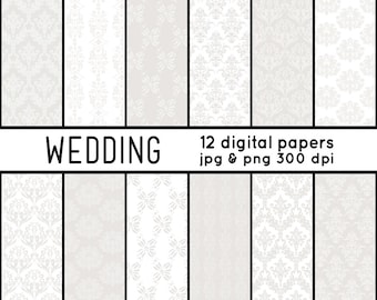 Papeles digitales de damasco blanco crema – Elegantes diseños para scrapbooking (descarga digital)