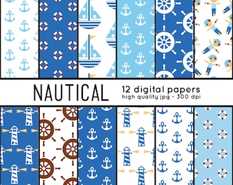 Juego de papeles digitales náuticos: diseños de piratas, océano y anclas (descarga digital)
