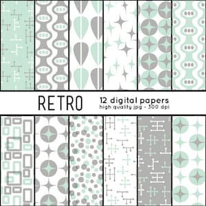 Può includere: Dodici carte digitali con motivi retrò in tonalità di grigio, verde menta e bianco. I motivi includono forme geometriche, stelle, punti e linee.