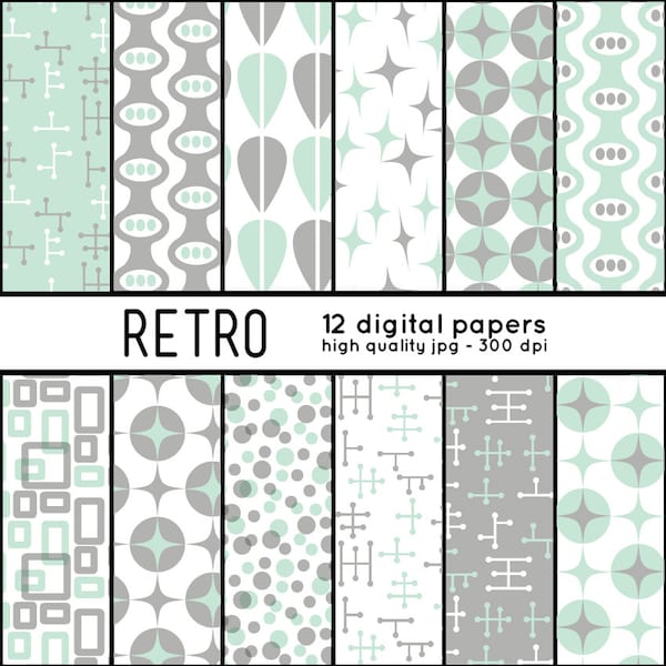 Retro SHAPES 12 Digital Papers pattern set scrapbook, blog, crafts, mcm, mid century, gray, teal, turquoise, sea foam green, mint 50s, 1950s