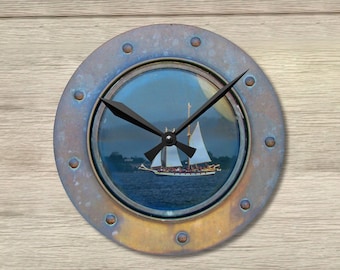 Horloge murale unique, décoration nautique, horloge de plage, cadeau fête des pères, horloge de ferme, hublot, décoration champêtre, horloge nautique