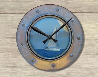 Horloge murale unique, décor nautique, horloge de plage, cadeau pour homme, horloge de ferme, hublot, voilier, décoration champêtre, cadeau pour femme, horloge nautique