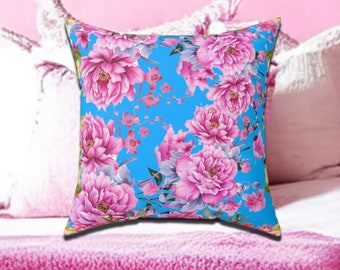 Unique Throw Pillow Farmhouse Decor Gift For Grandma Garden Pillow Watercolor Pillow Teal-Pink Flower Pillow Gift For Her
