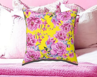 Unique Throw Pillow Farmhouse Decor Wedding Gift Garden Pillow Watercolor Pillow Yellow-Pink Flower Pillow Home Gift Floral Decor