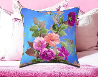 Coussin décoratif unique pour la fête des mères, cadeau de fête des mères pour maman, coussin de jardin, coussin bleu aquarelle, coussin floral, décoration florale