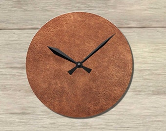 Horloge murale unique, horloge murale de cuisine, cadeau pour femme, horloge murale en cuir marron, cadeau unique pour homme, décoration de cabane en rondins, horloge de ferme de campagne