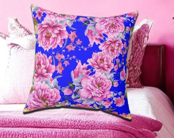 Coussin décoratif unique pour la fête des mères, cadeau de fête des mères pour maman, coussin de jardin, coussin aquarelle, coussin floral bleu-rose