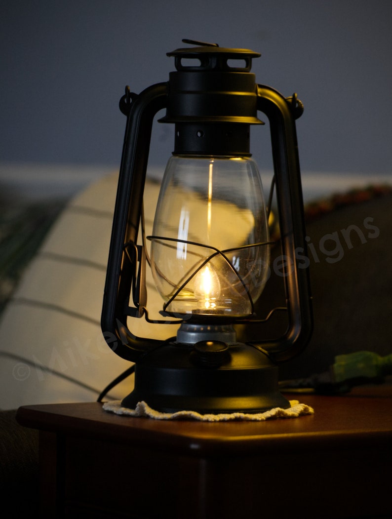 Electric Lantern Table Lamp FLAT BLACK 12 Electric Hurricane Lantern, On-Off Switch, Handmade Rustic Lantern Lamp Night Light LED