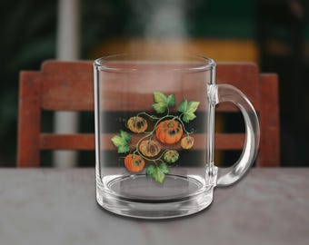 Taza de cristal con diseño de calabaza otoñal / Calabaza otoñal en acuarela / Taza transparente de 295 ml / Regalo ideal para disfrutar de bebidas en otoño