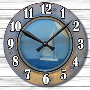 Segelboot Bullauge Wanduhr | Nautische Ozean Ansicht Uhr | Küsten Strand Haus Dekor Geschenk