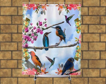 Bird Shower Curtain Farmhouse Decor Country Mother's Day Gift Log Cabin Decor Unique Shower Curtain Gift For Mom Flowers Shower Curtain Blue