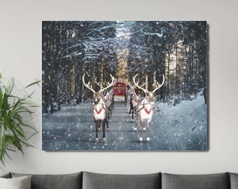 Santa Sleigh Ride Canvas Wall Art | Christmas Winter Home Decor Gift
