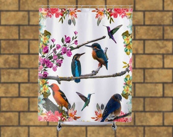 Bird Shower Curtain Farmhouse Decor Country Gift For Her Log Cabin Decor Unique Shower Curtain Gift For Wife Flowers Shower Curtain White