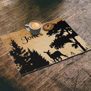 Deer In Forest Rustic Placemat, New Home Gift, Personalized Log Cabin Placemat, Farmhouse Custom Name RV Camping Picnic Table Placemat