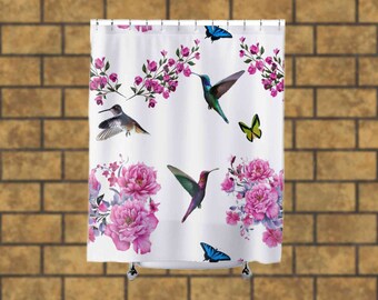 Bird Shower Curtain Farmhouse Decor Country Mother's Day Gift For Mom Log Cabin Decor Unique Shower Curtain Hummingbirds Pink Flowers