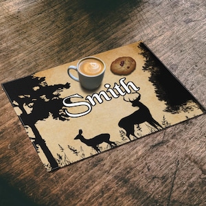 Rustic Cabin Decor, Country Personalized Placemat, Gift For Mom, Forest Deer Farmhouse, Custom Name RV Camping Picnic Placemat, Gift For Her