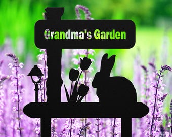 Rabbit Metal Garden Sign with Built-In Stakes | Bunny Outdoor Decor Custom Name Yard Art | Personalized Garden Gift