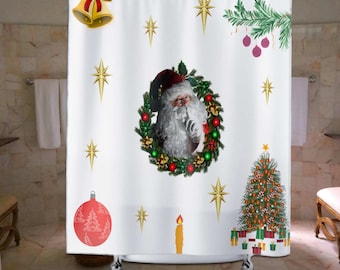White Christmas Santa Claus Shower Curtain Christmas Decor Santa Claus Bathroom Decor Christmas Gift
