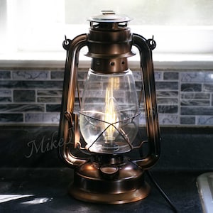 Rustic Lantern Light Electric Lantern Table Lamp ANTIQUED COPPER-BRONZE 12" Tall Electric Hurricane Lantern