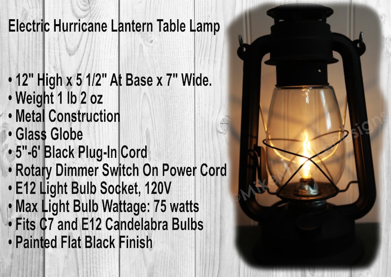 Electric Lantern Table Lamp FLAT BLACK 12 Electric Hurricane Lantern, On-Off Switch, Handmade Rustic Lantern Lamp image 4