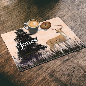 Rustic Cabin Decor Personalized Log Cabin Placemat, Dad Gift For Him, Forest Deer, Custom Name RV Camping Picnic Placemat, New Home Gift