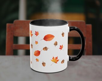 Herbstlaub und Eicheln Becher | Herbst-Kaffeetasse | Lebendige saisonale Keramik Akzent Tasse