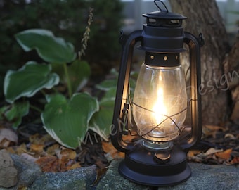 Electric Lantern Table Lamp FLAT BLACK | 12" Electric Hurricane Lantern, On-Off Switch, Handmade Rustic Lantern Lamp