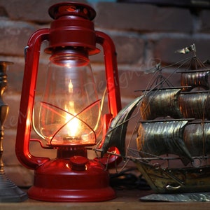 Electric Lantern Table Lamp RED | 12" Electric Hurricane Lantern, On-Off Toggle Switch, Handmade Rustic Lantern Lamp