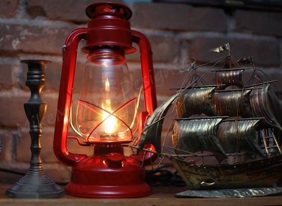 Electric Lantern Table Lamp RED 12 Electric Hurricane Lantern, On