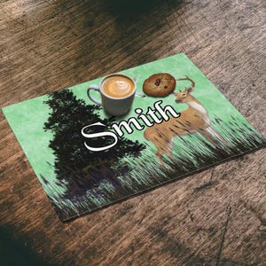 Personalized Log Cabin Placemat, Rustic Gift For Him, Picnic RV Camping, Green Forest Deer, Farmhouse Custom Name Placemat New Home Gift