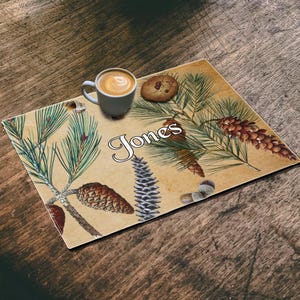 Country Farmhouse Decor Log Cabin Personalized Placemat, Gift For Him, Custom Name RV Camping Picnic Placemat, Gift For Her, Rustic Pine